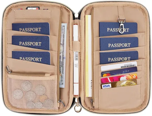 Vista 3 de heouvo Soporte para pasaporte de viaje RFID para la familia, organizador portátil de documentos de viaje prémium para mujeres, soporte