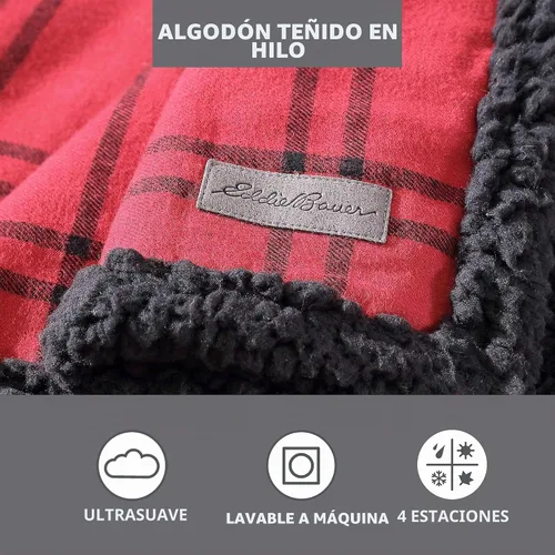 Vista 2 de Eddie Bauer - Manta decorativa de franela de algodón para hogar, ropa de cama reversible de sherpa para todas las estaciones, rojo y negro