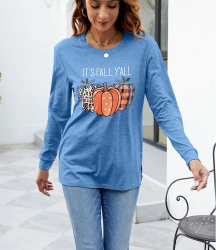 Vista 2 de Sudaderas con estampado de calabaza para mujer, cuello redondo, casual, manga larga para otoño