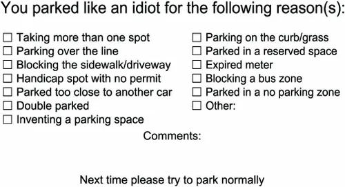 Vista 2 de Tarjetas con texto "You Parked Like an Idiot", tarjetas de mal estacionamiento