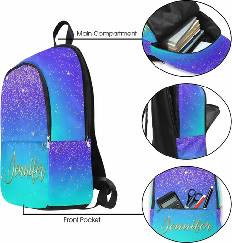 Vista 2 de Mochila personalizada para niños, texto dorado brillante, color azul oscuro, mochila con nombre personalizado para niños y niñas, color 04, Mochilas