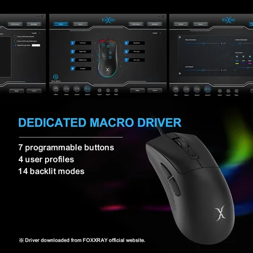 Vista 7 de FOXXRAY Ratón para juegos SM-91 RGB, 7200 DPI, mouse óptico ligero con cable de 2.12 oz con 7 botones programables, agarres antideslizantes, cable