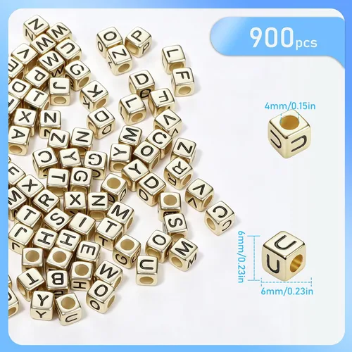 Vista 2 de 900 cuentas acrílicas doradas de letras del alfabeto, letras coloridas del alfabeto, cuentas de cubo negro para pulseras de la amistad y regalos
