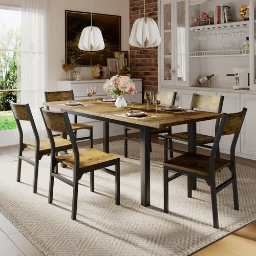Vista 9 de iPormis Juego de mesa de comedor y sillas de 7 piezas para 4-6, mesa de cocina extensible de 63 pulgadas con 6 sillas, mesa de comedor con marco