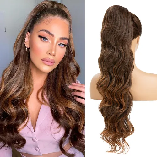 Vista 18 de Extensiones de cabello sintético ondulado con cordón para cola de caballo de 26 pulgadas, para mujer, castaño medio ceniza, rubio ceniza