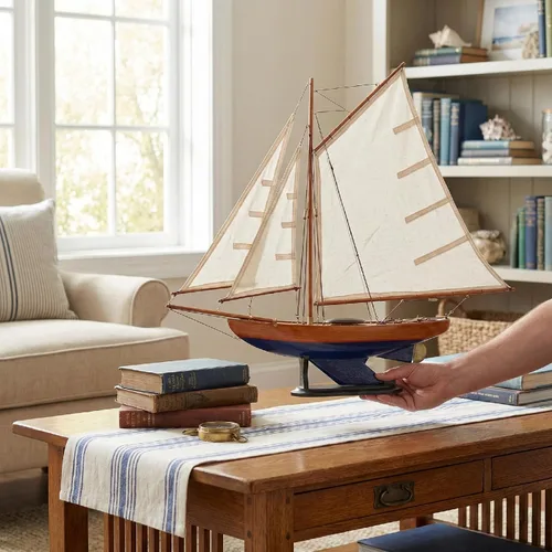 Vista 5 de NAUTIMALL 26 "velero de madera modelo Bermuda Sloop hecho a mano náutico moderno barco de yate decoración del hogar (azul)