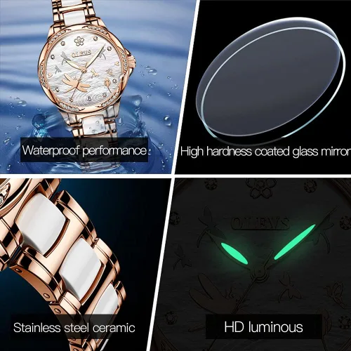 Vista 6 de OLEVS Relojes de oro rosa para mujer correa de acero inoxidable de cerámica reloj mecánico automático calendario de puntero luminoso impermeable