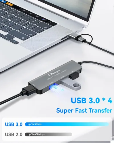 Vista 4 de Hub USB extrendido de múltiples puertos USB 3.0 Hub con transferencia de datos de alta velocidad de 5 Gbps, compatible con Windows, Mac, laptop