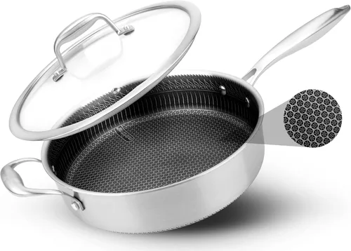Vista 12 de NutriChef Juego de 6 sartenes de acero inoxidable de tres capas, sartenes antiadherentes de 8, 10 y 12 pulgadas con tapas, compatibles