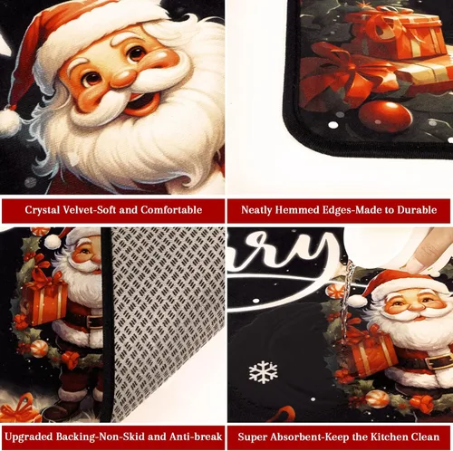 Vista 4 de Voanos Juego de 2 alfombras de cocina de Feliz Navidad, con temática linda de Papá Noel y regalo, decoración navideña para el hogar, tapete lavable