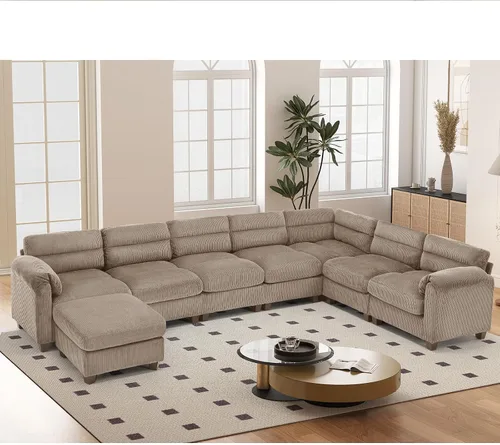 Vista 64 de HAOMARKETS Sofá esquinero modular en forma de L de 115 pulgadas con 2 otomanas móviles, sofás de pana de 8 plazas con cojín grueso para sala de Beige