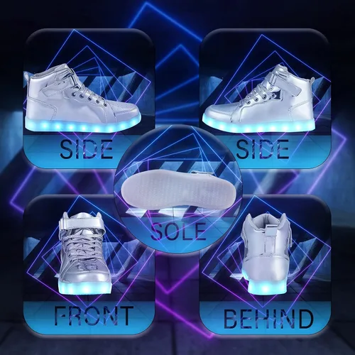 Vista 6 de Zapatos con luz LED para niños, tenis de caña alta para niños y niñas, zapatos de baile hip-hop para Halloween, fiesta de Navidad con carga USB