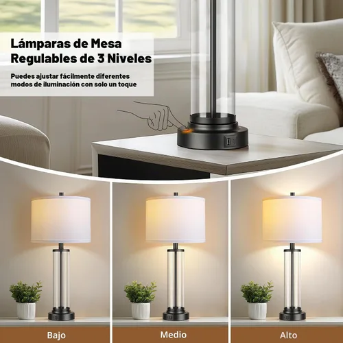 Vista 2 de Juego de 2 lámparas de mesa de cristal, modernas, negras, regulables, para dormitorio Negro