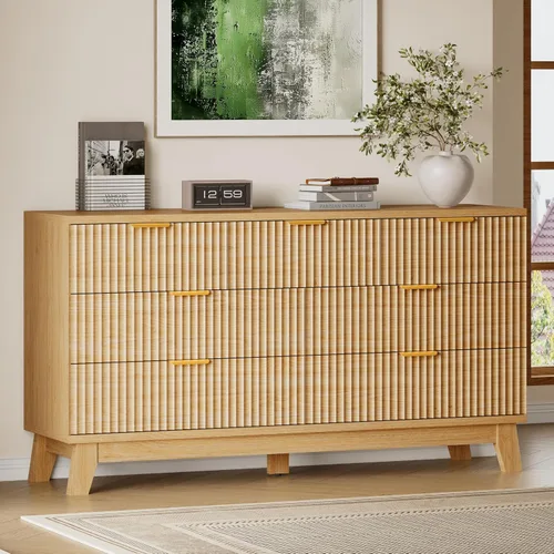 Vista 30 de BORNOON Cómoda acanalada de 3 cajones, 30.3 pulgadas de alto, cómoda bohemia compacta y moderna, armario de almacenamiento de madera