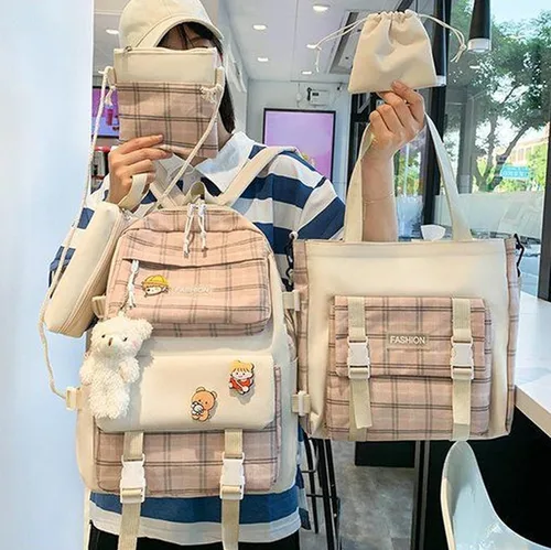 Vista 5 de Aobiono Juego de 5 mochilas a cuadros kawaii, estética, a cuadros, con alfileres, oso, colgante, luz escolar, kit de suministros escolares