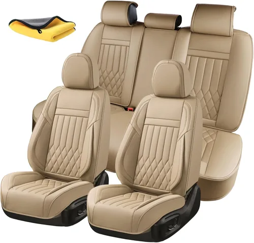 Vista 20 de Juego completo de fundas de asiento de automóvil de cuero napa impermeables y transpirables de 2 plazas, aptas para asientos delanteros de beige