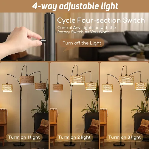 Vista 2 de Lámpara de pie de ratán para sala de estar, lámpara de pie boho de 80 pulgadas de altura con interruptor giratorio, lámpara de arco de 3 luces