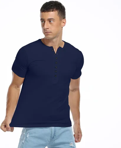 Vista 5 de KUYIGO - Camiseta básica entallada para hombre con manga largacorta y botones, moda de verano