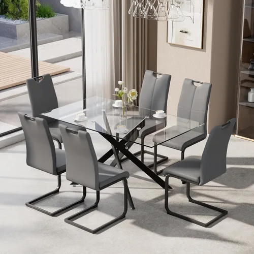 Vista 11 de Juego de Mesa de Comedor de 5 Piezas para 4, Mesa Rectangular Moderna de Vidrio con 4 Sillas Tapizadas de Cuero, Muebles de Comedor que Ahorran