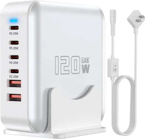 Vista 8 de Bloque de cargador rápido USB C, adaptador de concentrador de estación de carga de 120 W, 6 puertos, cargador múltiple de pared USB C con Negro