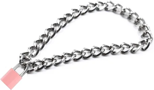 Vista 5 de Collar con candado de corazón, collar de metal con candado, gargantilla para hombres y mujeres con cerradura y llave A1