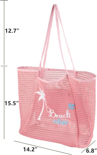 Vista 3 de ukia Bolsa de playa de malla, bolsas de playa de gran capacidad para mujer, bolsa de playa plegable con bolsillo con cremallera