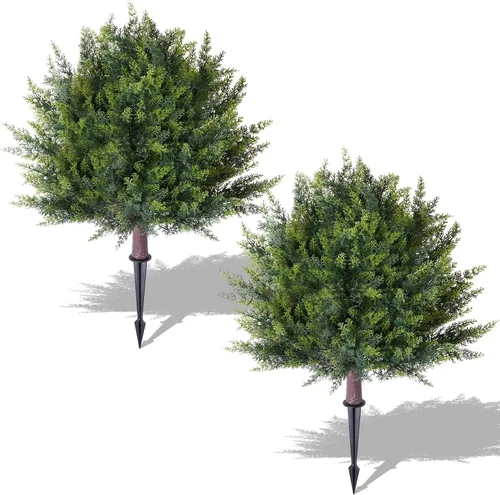 Vista 8 de Paquete de 2 urnas artificiales, arbustos topiarios artificiales de lavanda, plantas de hoja perenne resistentes a los rayos UV, decoración
