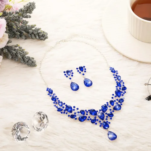 Vista 3 de Hicarer Conjunto de joyas de cristal en forma de lágrima nupcial para mujer, collar, aretes, boda