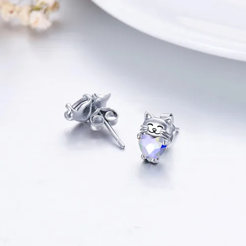 Vista 3 de Aretes de plata de ley 925 con diseño de gato, bonitos aretes de gato con diseño de gatito, joyería de regalo para mujeres y niñas, aretes