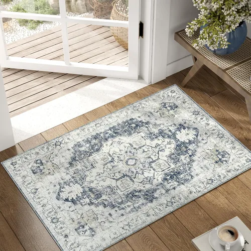 Vista 23 de jinchan Alfombra de Área 2x3 pies Alfombra Vintage de Entrada Lavable Bohemia Tapete Interior para Puerta Medallón Floral Tapete Pequeño para Puerta