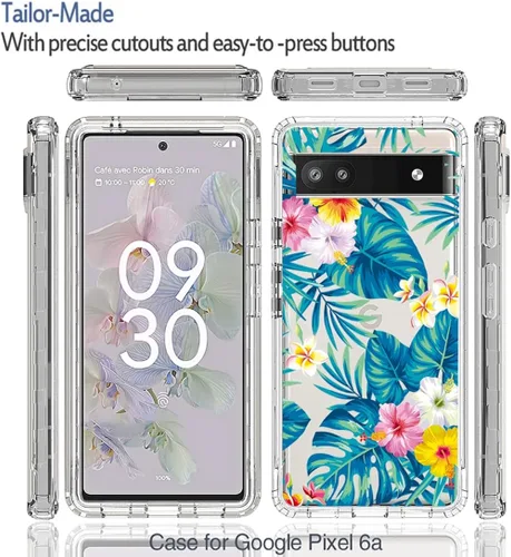 Vista 5 de Funda para Pixel 6A, para Google 6A Crystal Clear Floral Case con protector de pantalla de vidrio templado, suave 360° cuerpo completo a prueba