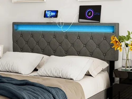 Vista 9 de IKIFLY Cabecera tapizada de tamaño matrimonial con luces LED y 2 puertos USB, altura ajustable, cabecera acolchada de tela de lino con botones