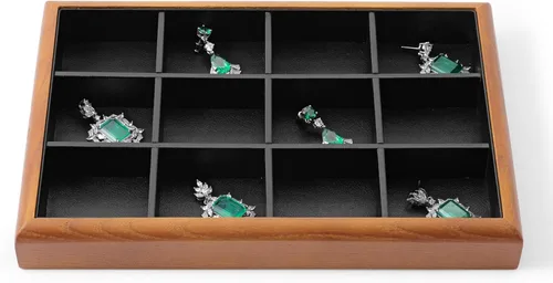 Vista 19 de Oirlv Bandeja Organizadora de Joyas Colgante de Madera Maciza de 12 Rejillas con Forro para Cajón de Joyas (Gris)