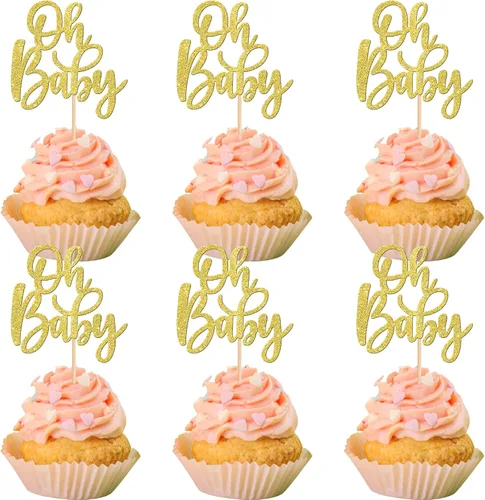 Vista 22 de 24 piezas Oh Baby Cupcake Toppers Glitter Baby Shower Cupcake Picks Reveal Género Decoración de Pasteles para Baby Shower Niños Niñas Fiesta de Azul