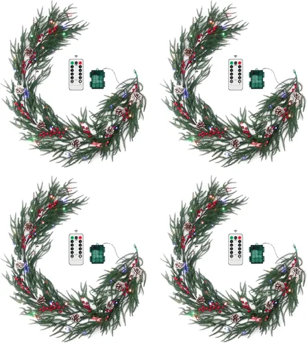 Vista 9 de Guirnalda de Navidad de 6 pies de pino de Norfolk preiluminada con bayas rojas y bolas de cedro, luces LED y control remoto – Guirnalda iluminada a