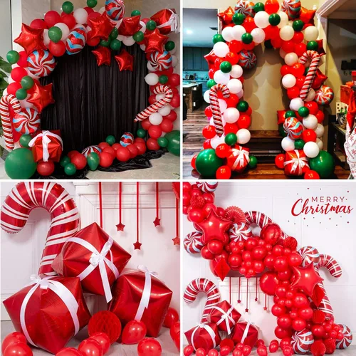 Vista 5 de Kit de arco de guirnalda de globos de Navidad con globos de caramelo rojo y blanco de Navidad, caja de regalo, globos de estrella roja