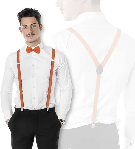 Vista 2 de ULEEMARK Tirantes para hombre hebilla ajustable con tirantes para hombre clip fuerte tirantes elásticos en forma de Y y juego de corbatín