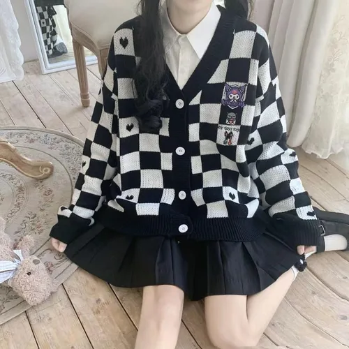 Vista 6 de Suéter kawaii de anime a cuadros, cárdigan para mujer, disfraz de cosplay, cuello en V, manga larga