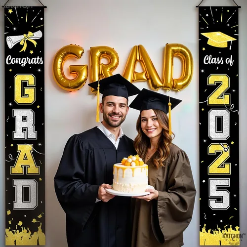 Vista 5 de KatchOn, Pancarta grande de graduación negro y dorado 2025 – 72 x 12 pulgadas Cartel de felicitación de graduación 2025 para decoraciones