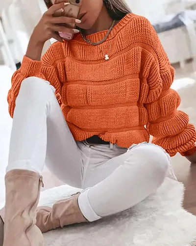 Vista 5 de PRETTYGARDEN Suéteres de otoño 2024 para mujer, estilo casual, cuello redondo, manga larga, holgados, lisos, de punto grueso, linda blusa