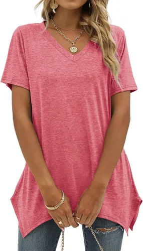 Vista 2 de Alaroo Camisetas básicas de verano para mujer, manga corta, cuello en V, túnica