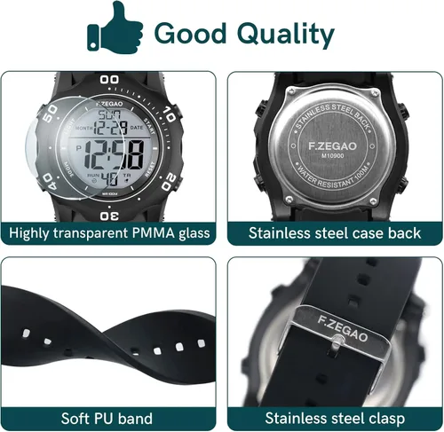 Vista 8 de F.ZEGAO Men Digital Sports Watch, 100M Diving Grade Waterproof Watch with Stopwatch Countdown Timer Alarm Function Dual Time Silicone Strap Wrist