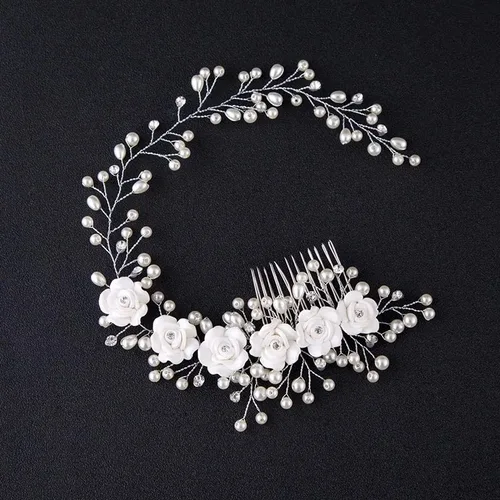 Vista 2 de HOUKAI JIAMEI - Diadema de cristal para boda, accesorios para el cabello, diadema de flores de perlas, hecha a mano, cuentas decorativas