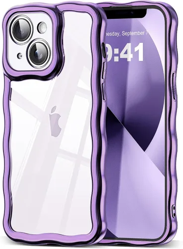 Vista 80 de SKYLMW Funda compatible con iPhone 12 Pro, diseño de ondas rizadas kawaii, borde chapado de lujo, elegante parte trasera transparente brillante, TPU