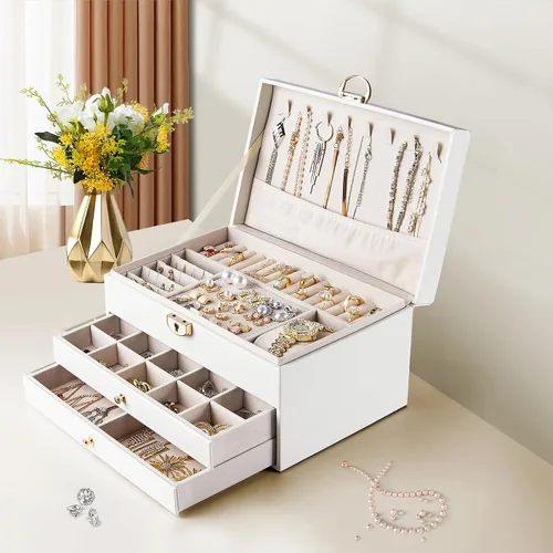 Vista 7 de Joyero de 3 capas, cajas grandes de joyería para mujeres, organizador y almacenamiento, estilo moderno, blanco y dorado, regalos de Navidad