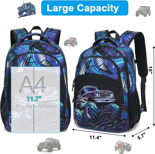 Vista 4 de Mochila escolar para niños y niñas, mochila escolar para preescolar y jardín de infantes, bolsas de guardería, Vehículo todoterreno negro-azul