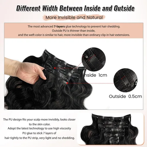Vista 5 de Extensiones de cabello humano ondulado sin costuras, cabello humano real 10A, 12 pies 2.82 oz, negro, ondulado