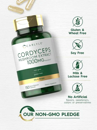 Vista 5 de Carlyle Cordyceps Cápsulas de hongos 150 unidades Extracto de hongos cepa CS-4 Sin OMG y sin gluten
