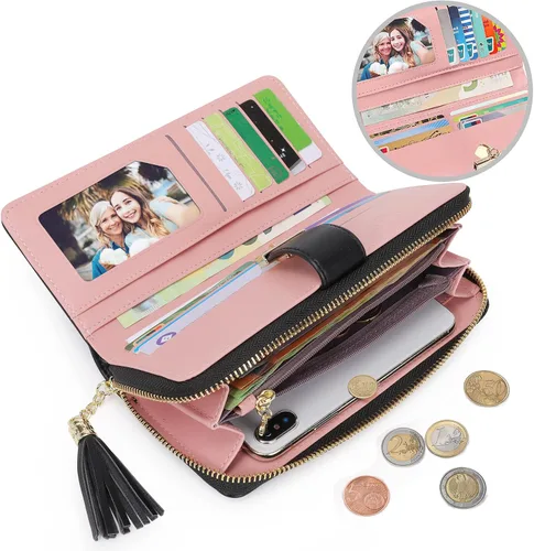 Vista 4 de Carteras RFID para mujer con múltiples ranuras para tarjetas y compartimento para celular, billetera para mujer, Negro, Classic