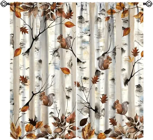 Vista 13 de Cortinas de calabaza de animales, lindos dibujos animados de animales del bosque, hojas de otoño y hongos, estampado de hojas y hongos, tratamientos